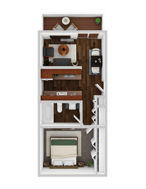 Floor plan for 1 bed, 1 bath, 770 sqft